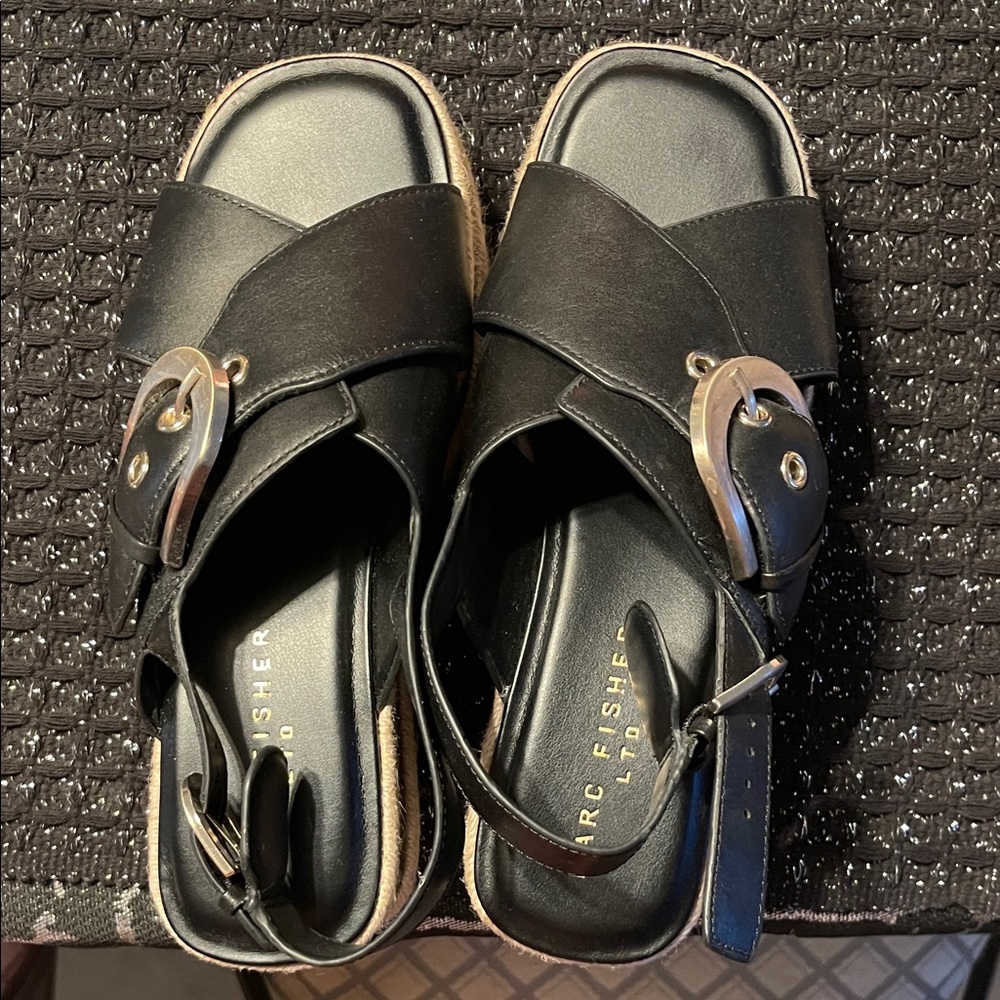 Marc Fisher Black Sandals with Gold Buckles